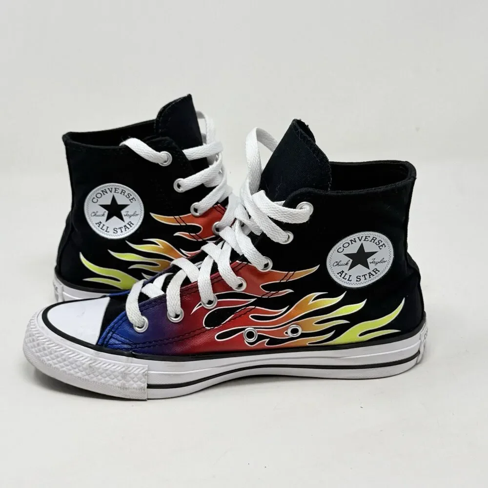 Converse All Star Cars Flames Sneakers Kids Juniors Size 4 Black High Top Shoes